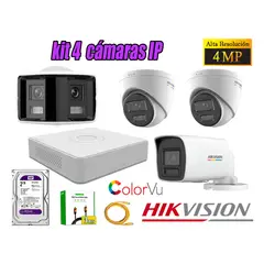 HIKVISION - Kit 4 Cámara Seguridad IP POE 4MP ColorVu 1 Cámara Panorámica Alarma Disc 2TB