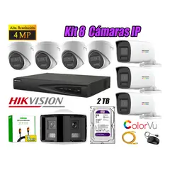 HIKVISION - Kit 8 Cámara Seguridad IP POE 4MP ColorVu 1 Cámara Panorámica Alarma Disc 2TB