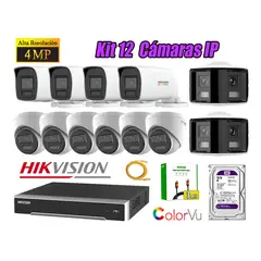 HIKVISION - Kit 12 Cámara Seguridad IP POE 4MP ColorVu 2 Cámara Panorámica Alarma 2TB WD