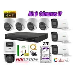 HIKVISION - Kit 8 Cámara Seguridad IP POE 4MP ColorVu 1 Cámara PTZ Detección Persona 2TB