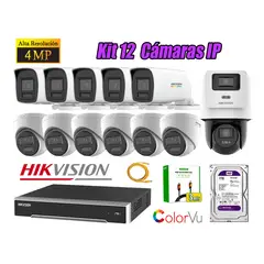 HIKVISION - Kit 12 Cámara Seguridad IP POE 4MP ColorVu 1 Cámara PTZ Detección Persona 1TB