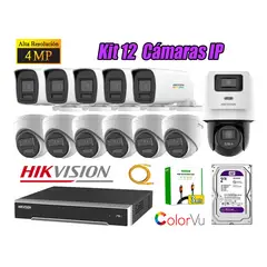 HIKVISION - Kit 12 Cámara Seguridad IP POE 4MP ColorVu 1 Cámara PTZ Detección Persona 2TB