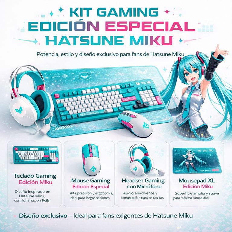 Kit Gaming TUF Hatsune Miku Teclado Mecánico RGB, Mouse, Audífonos, Mousepad, Edición Especial
