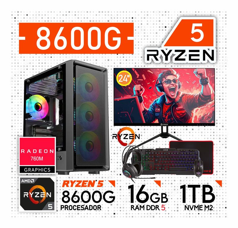 Computadora PC GAMER RYZEN 5 8600G RAM 16GB SSD 1TB MONITOR 24" FULL HD + KIT