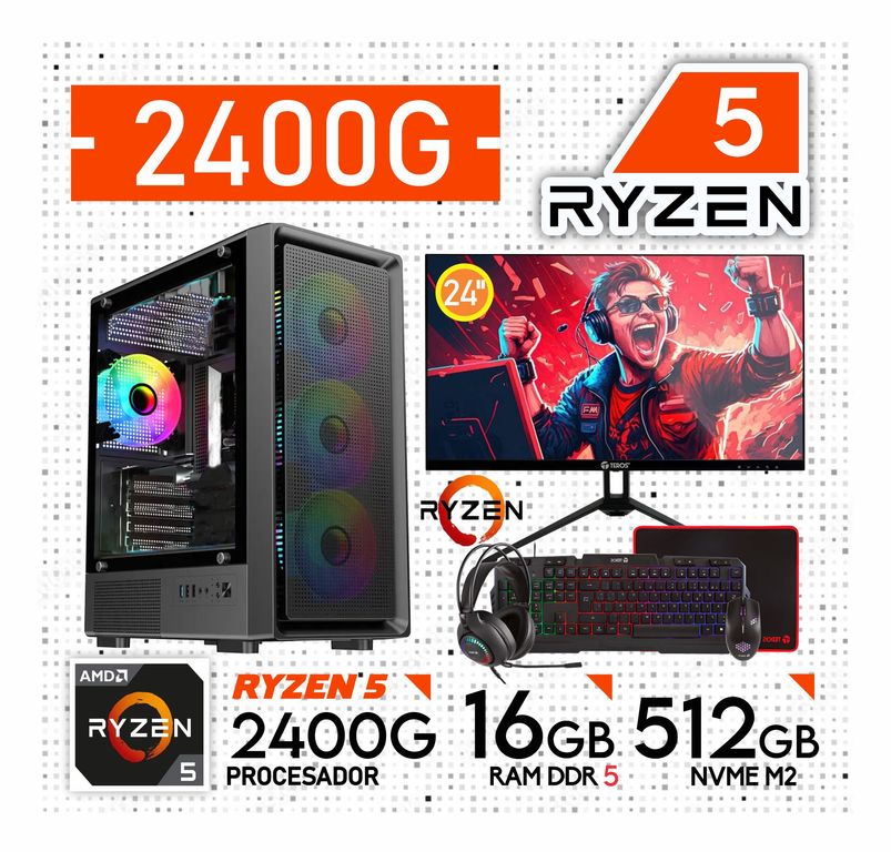 Computadora PC GAMER RYZEN 5 2400G RAM 16GB SSD 512GB Monitor 24" + KIT