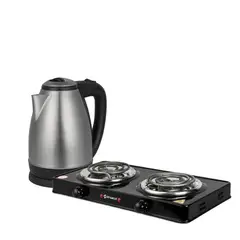 Imaco - Combo cocina electrica de mesa 2 hornillas + hervidor metálico 1.8l ke1801