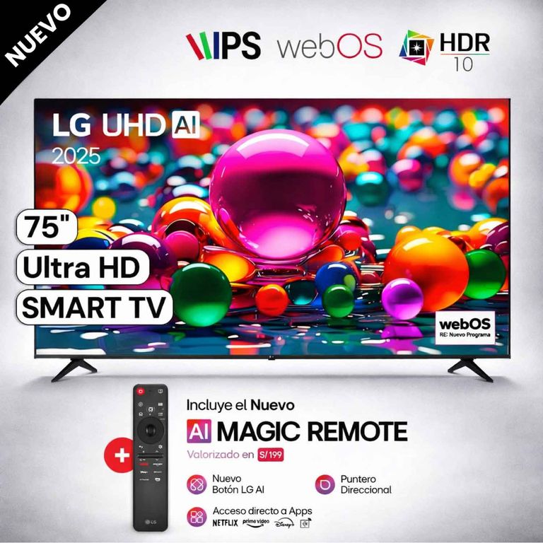 Televisor 75" Pulg. UHD 4K Smart TV ThinQ AI 75UA8050PSA Modelo 2025 - Negro