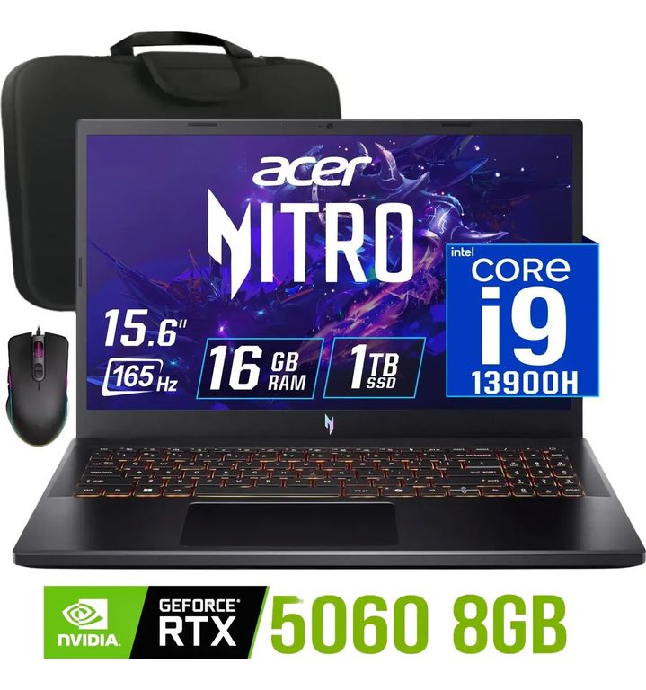 Laptop Nitro V 15 intel core i9-13900H Nvidia 8gb RTX5060 Ram 16gb Ssd 1tb 15.6" fhd 165Hz