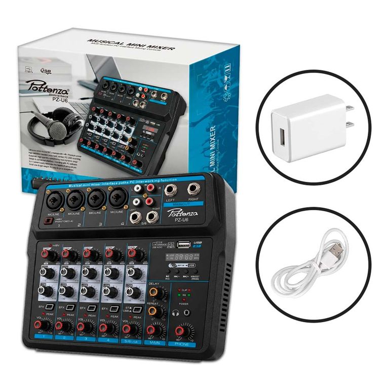 Mezcladora de 6 canales 4 Canon y 2 Plug- Pottenza PZ-U6