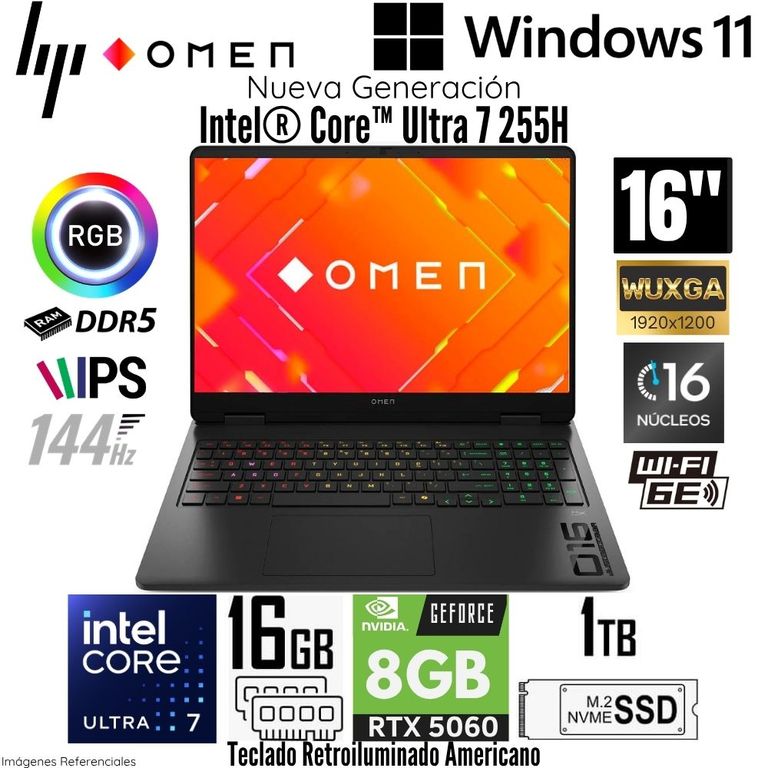 Laptop OMEN 16-AM0073DX Intel Core Ultra 7 255H 16GB RAM 1TB SSD RTX 5060-8GB 16" WUXGA 144 Hz