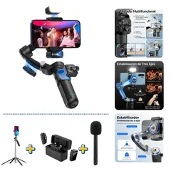 GENERICO - Combo Gimbal IA + Micrófono M15 PRO MAX + Adaptador Entrevista + Trípode 180cm