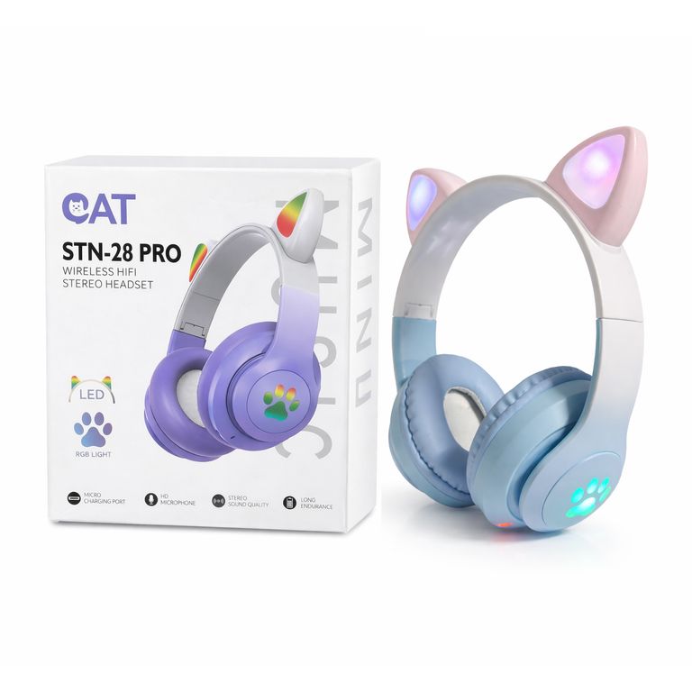 Audífonos Bluetooth Orejas De Gato Celeste