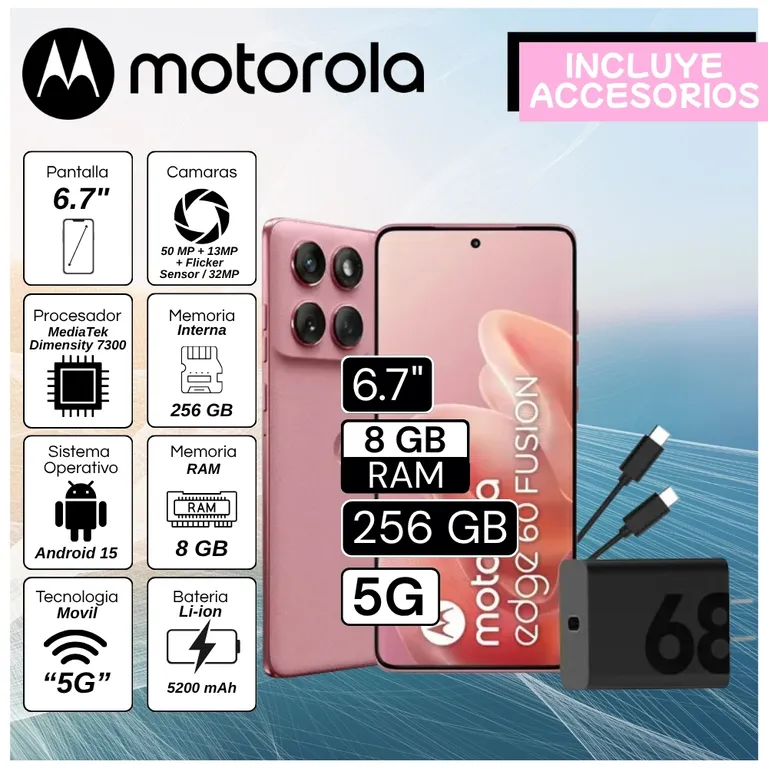Celular Edge 60 Fusión 6.7" Pulg. 8GB RAM 256GB Android 15 - Rosa Coral