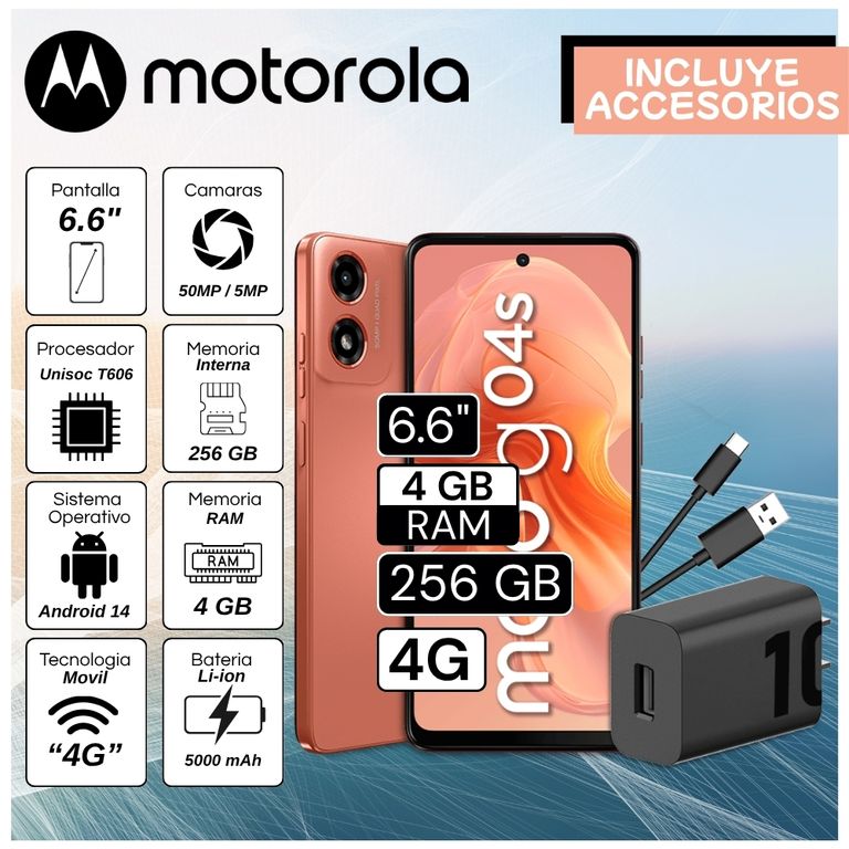 Celular G04s 6.6" Pulg. 4GB RAM 256GB Android 14 - Naranja Amanecer