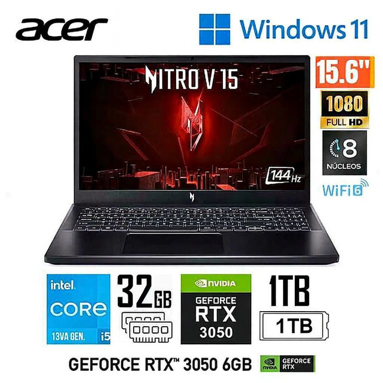 LAPTOP GAMING NITRO ANV15 I5 13VA 32GB 1TB SSD RTX 3050 6GB 144HZ IPS FHD