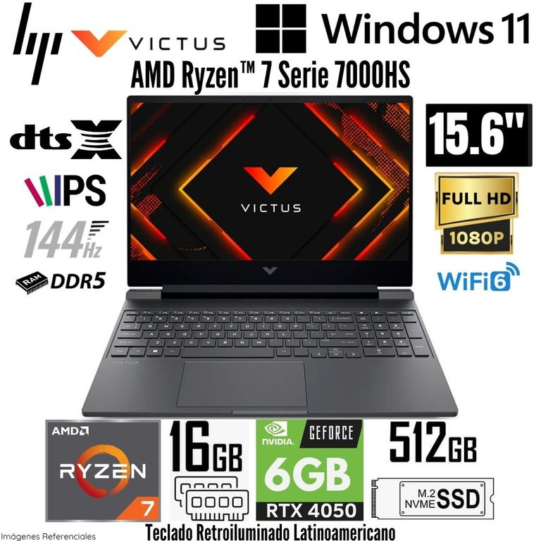 Laptop Victus Gaming AMD Ryzen 7 7445HS 16GB RAM 512GB SSD RTX 4050-6GB 15.6" FHD 144Hz