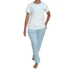 MORFEOHOME - Pijama de mujer - Lisoria verano crema con pantalón de flores azules