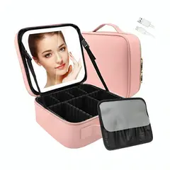GENERICO - Bolsa Organizadora de Joyas Maquillaje de Viaje con Espejo Luces LED Táctil con Estuche para Brochas