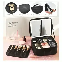 GENERICO - Bolsa Organizadora de Joyas Maquillaje de Viaje con Espejo Luces LED Táctil con Estuche para Brochas