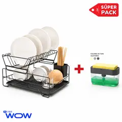 INSPIRA MARKET - Secaplatos Escurridor de 2 Niveles + Dispensador de Jabón 2 en 1 Pack Cocina Completo