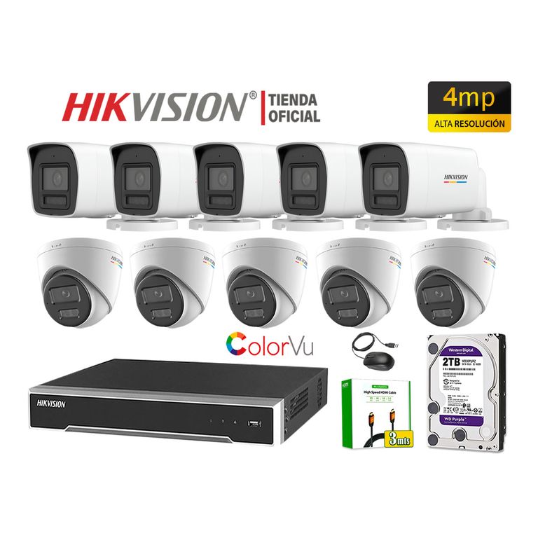 Kit 10 Cámara Seguridad IP POE 4MP Audio Incorporado Color Vu Visión Noche 2TB