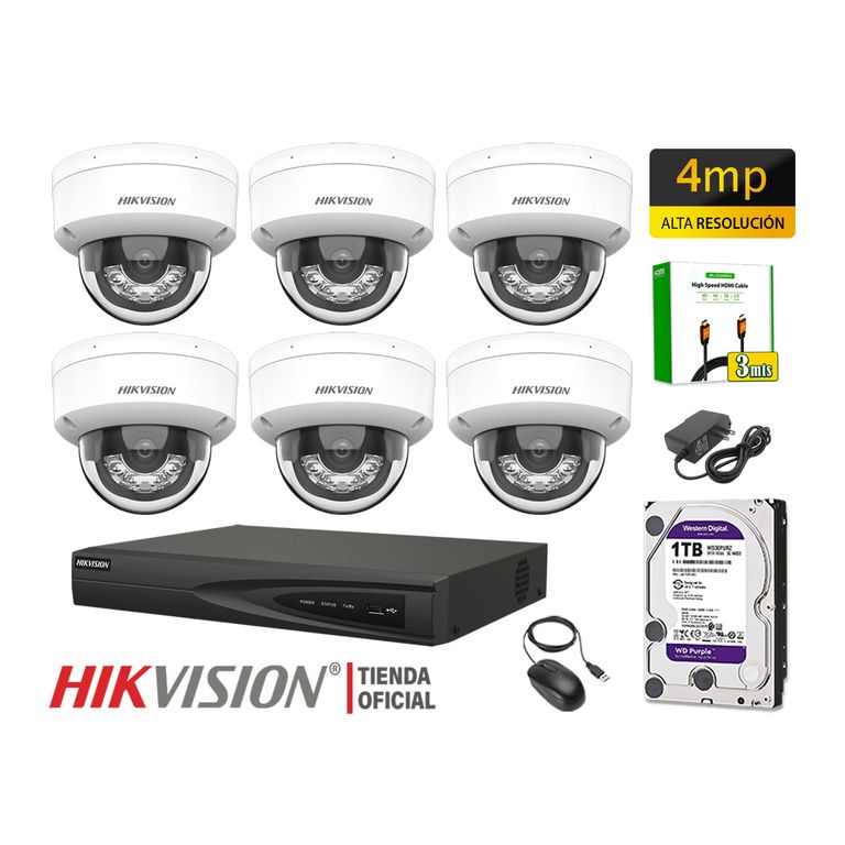 Kit 6 Cámara Seguridad IP POE 4MP Domo Audio Detección Vehículo Disco 1TB