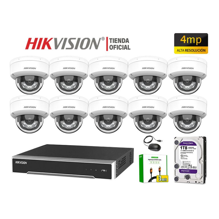 Kit 10 Cámara Seguridad IP POE 4MP Domo Audio Detección Vehículo Disco 1TB