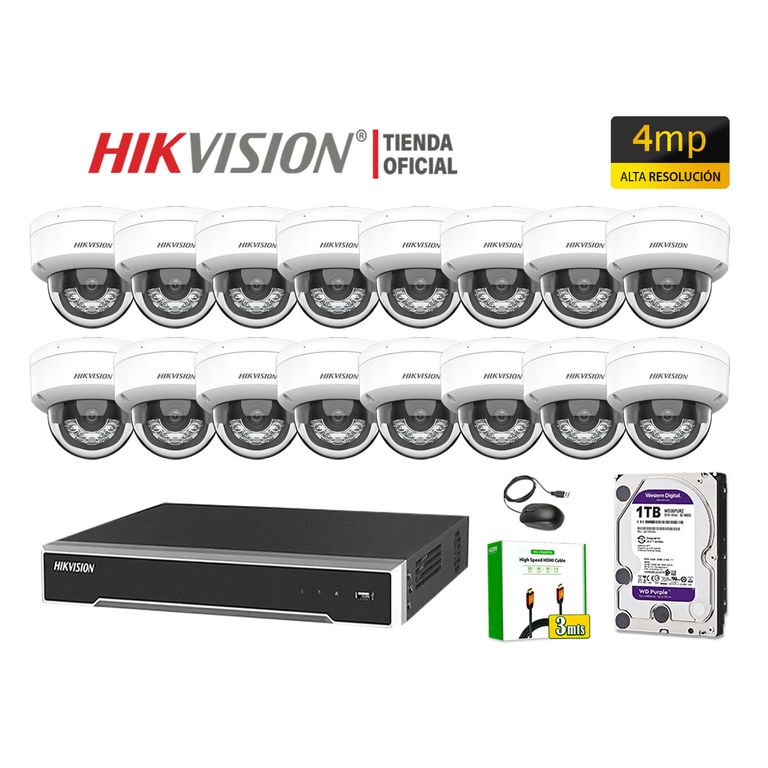 Kit 16 Cámara Seguridad IP POE 4MP Domo Audio Detección Vehículo Disco 1TB