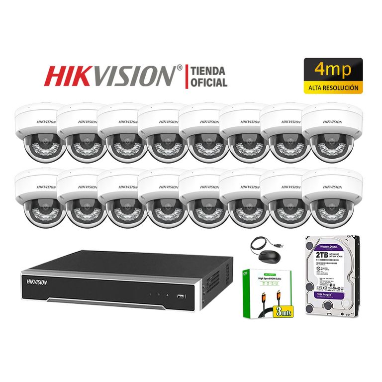 Kit 16 Cámara Seguridad IP POE 4MP Domo Audio Detección Vehículo Disco 2TB