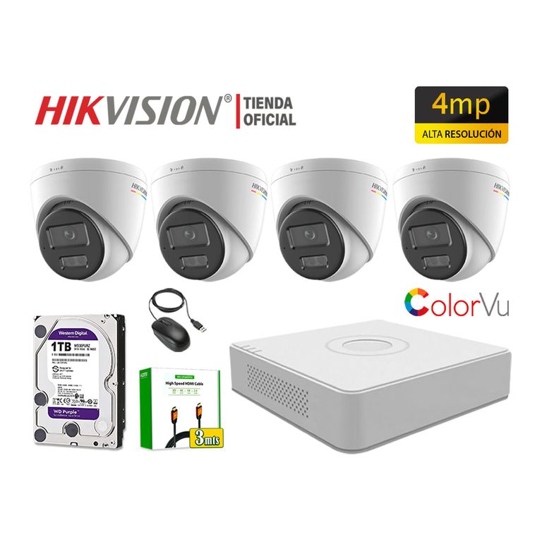 Kit 4 Cámara Seguridad IP POE 4MP Domo Color Vu Visión Noche Color Disco 1TB