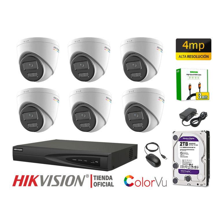 Kit 6 Cámara Seguridad IP POE 4MP Domo Color Vu Visión Noche Color Disco 2TB