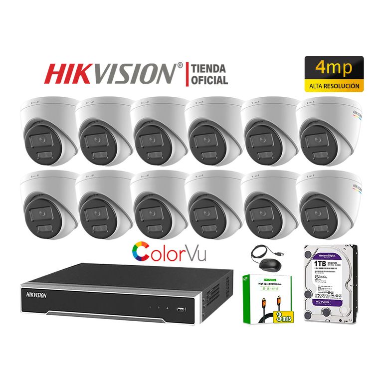 Kit 12 Cámara Seguridad IP POE 4MP Domo Color Vu Visión Noche Color Disco 1TB