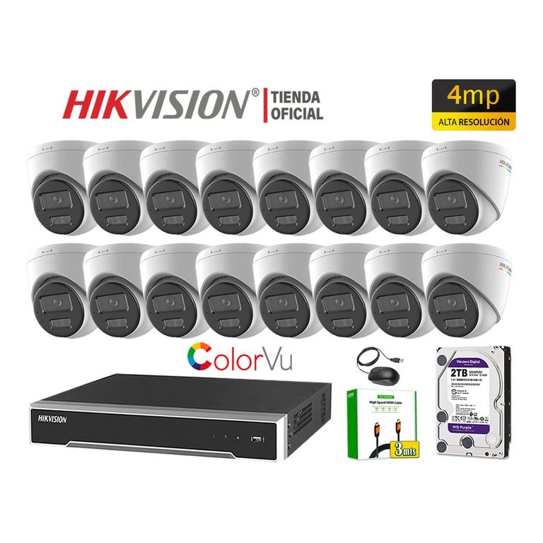 Kit 16 Cámara Seguridad IP POE 4MP Domo Color Vu Visión Noche Color Disco 2TB
