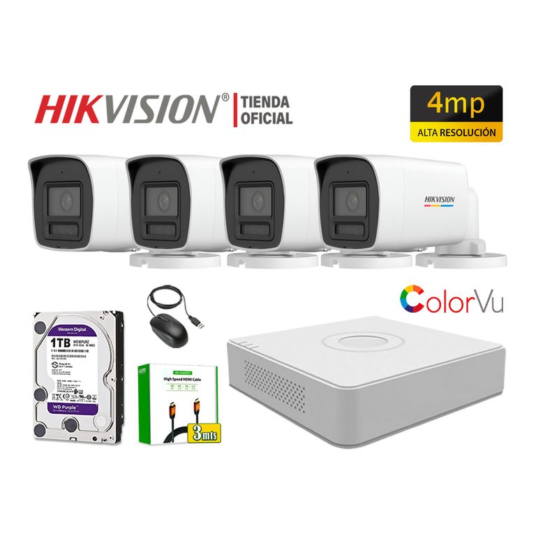Kit 4 Cámara Seguridad IP POE 4MP Tubo Color Vu Visión Noche Color Disco 1TB