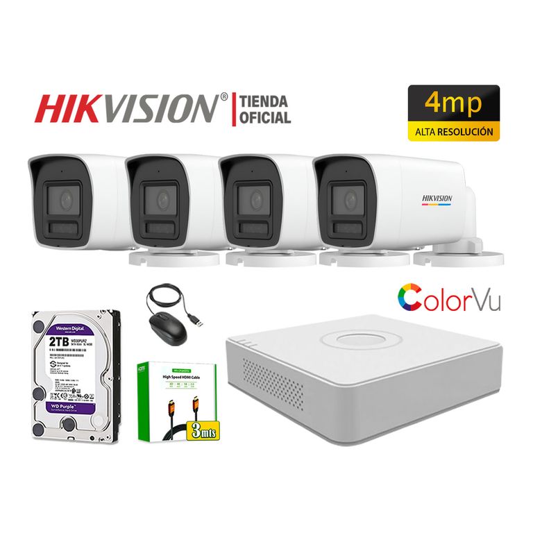 Kit 4 Cámara Seguridad IP POE 4MP Tubo Color Vu Visión Noche Color Disco 2TB