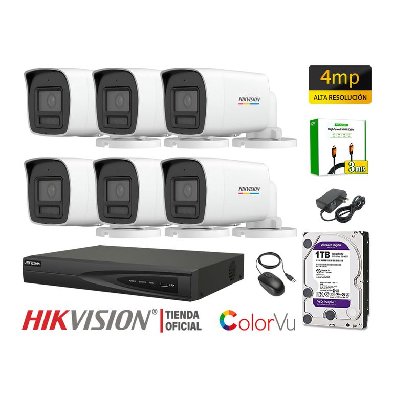 Kit 6 Cámara Seguridad IP POE 4MP Tubo Color Vu Visión Noche Color Disco 1TB