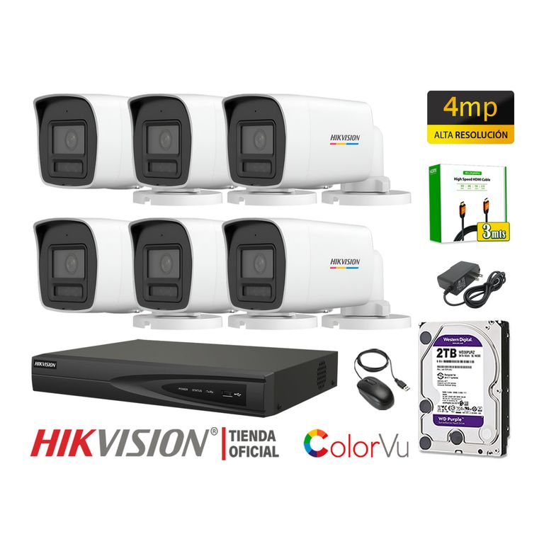 Kit 6 Cámara Seguridad IP POE 4MP Tubo Color Vu Visión Noche Color Disco 2TB