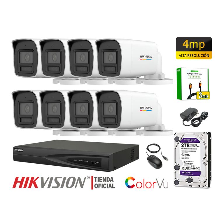 Kit 8 Cámara Seguridad IP POE 4MP Tubo Color Vu Visión Noche Color Disco 2TB