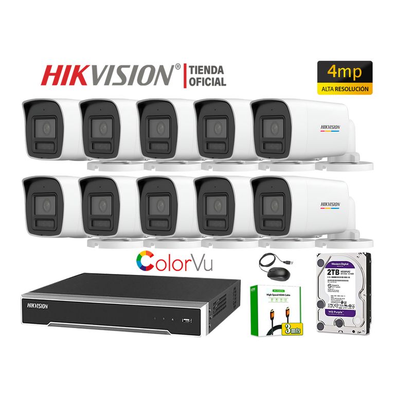 Kit 10 Cámara Seguridad IP POE 4MP Tubo Color Vu Visión Noche Color Disco 2TB