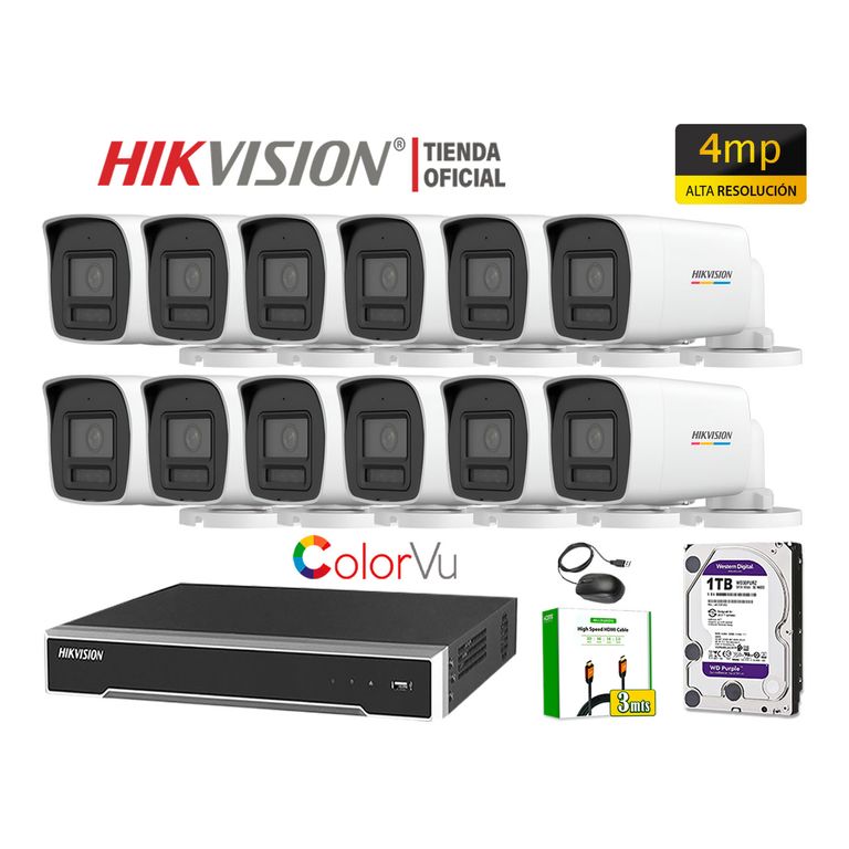 Kit 12 Cámara Seguridad IP POE 4MP Tubo Color Vu Visión Noche Color Disco 1TB