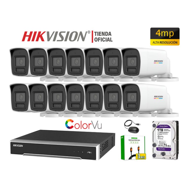 Kit 14 Cámara Seguridad IP POE 4MP Tubo Color Vu Visión Noche Color Disco 1TB
