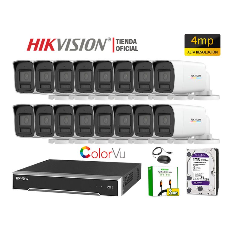 Kit 16 Cámara Seguridad IP POE 4MP Tubo Color Vu Visión Noche Color Disco 1TB