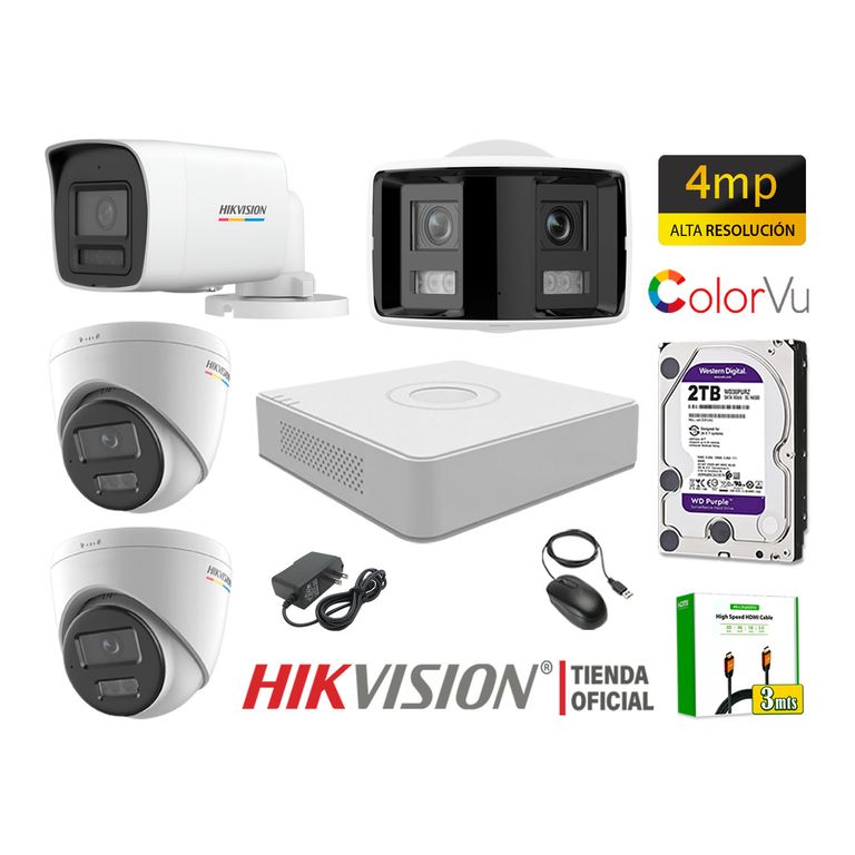Kit 4 Cámara Seguridad IP POE 4MP ColorVu 1 Cámara Visión 360 Alarma Disco 2TB