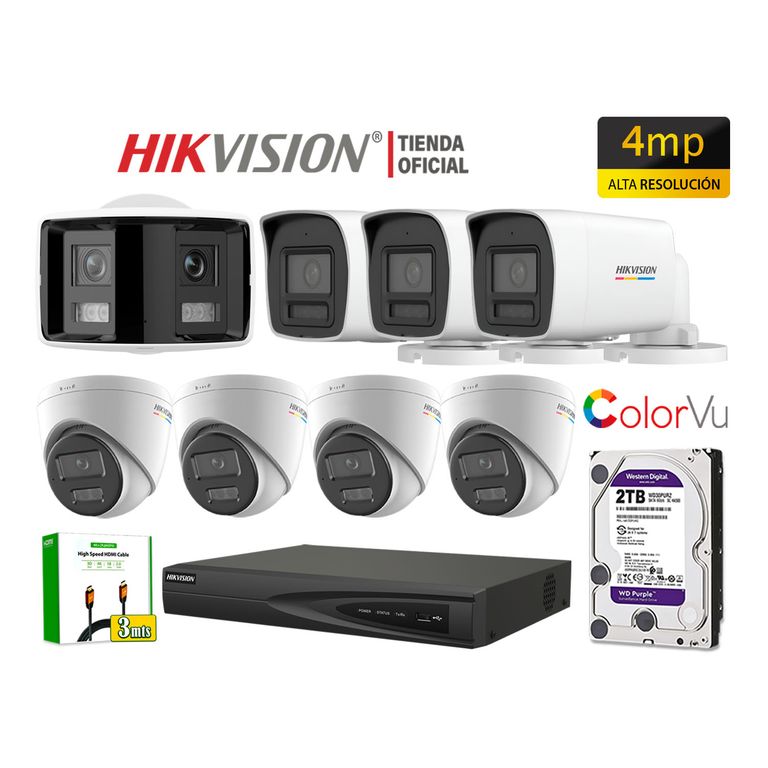 Kit 8 Cámara Seguridad IP POE 4MP ColorVu 1 Cámara Visión 360 Alarma Disco 2TB