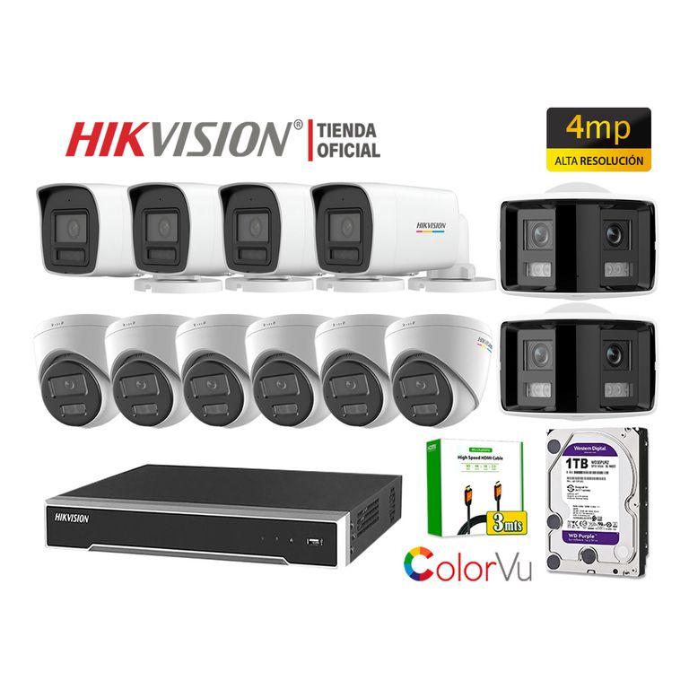 Kit 12 Cámara Seguridad IP POE 4MP ColorVu 2 Cámara Visión 360 Alarma Disco 1TB