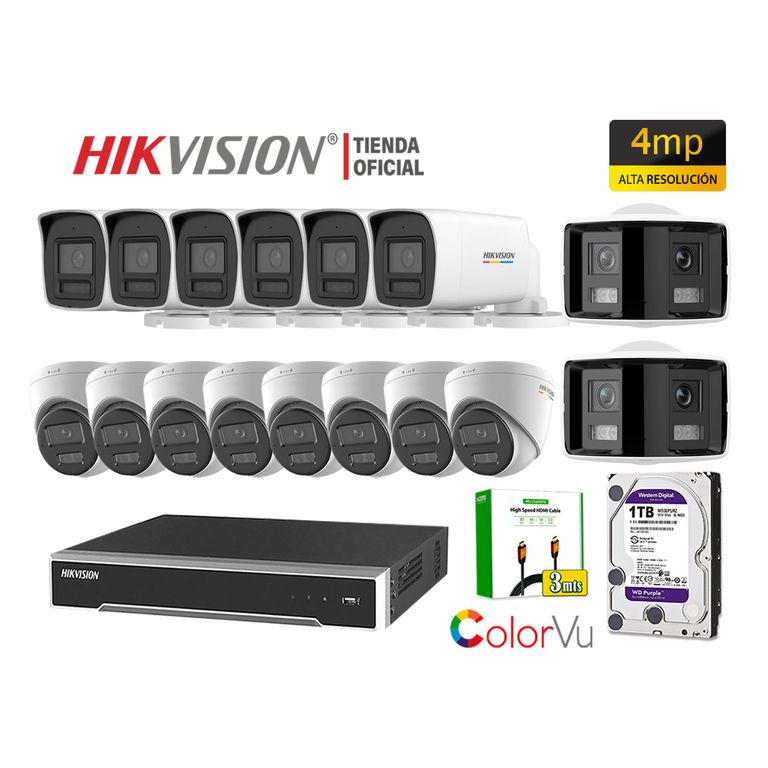 Kit 16 Cámara Seguridad IP POE 4MP ColorVu 2 Cámara Visión 360 Alarma Disco 1TB