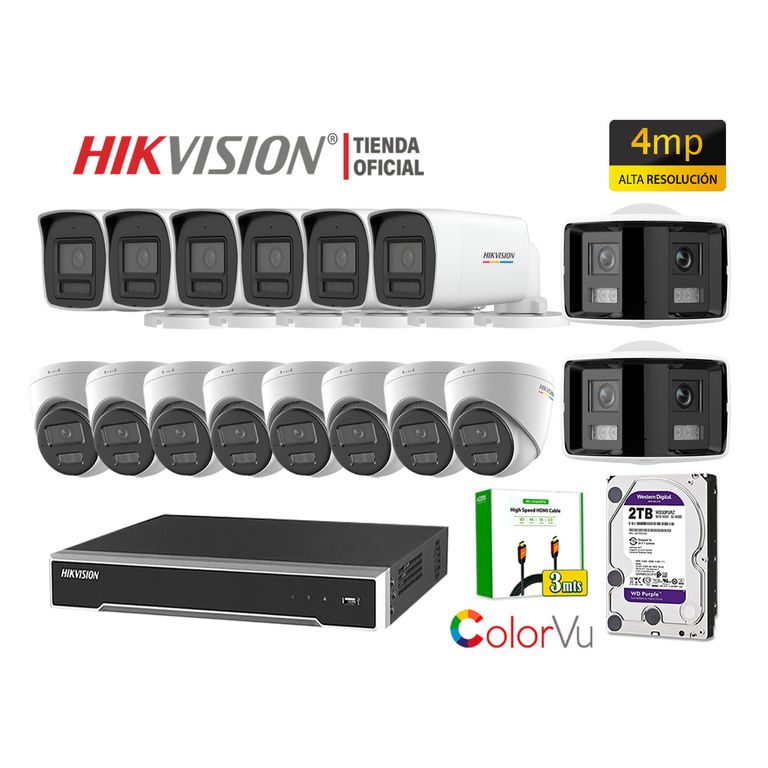 Kit 16 Cámara Seguridad IP POE 4MP ColorVu 2 Cámara Visión 360 Alarma Disco 2TB