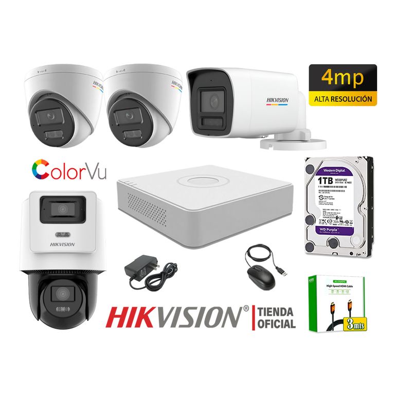 Kit 4 Cámara Seguridad IP POE 4MP ColorVu 1 Cámara PTZ Detección Vehículo 1TB