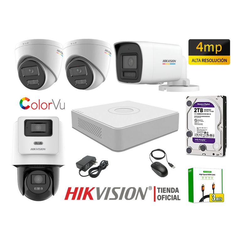 Kit 4 Cámara Seguridad IP POE 4MP ColorVu 1 Cámara PTZ Detección Vehículo 2TB