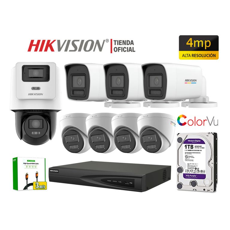 Kit 8 Cámara Seguridad IP POE 4MP ColorVu 1 Cámara PTZ Detección Vehículo 1TB
